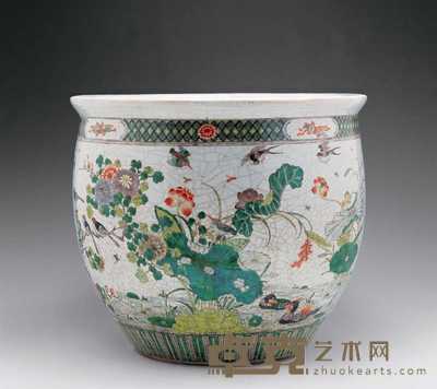 民国 仿康熙五彩花鸟莲心缸 高36cm；直径40cm